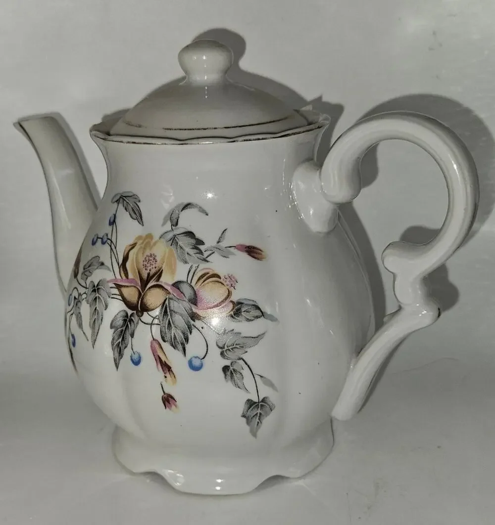 Vintage Floral Porcelain Coffee Pot Teapot Scroll Handle Lidded White China